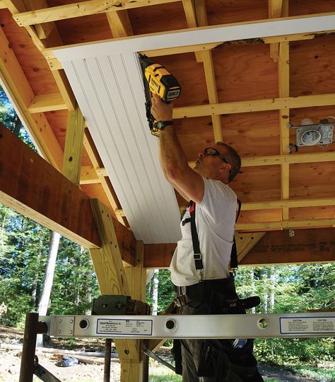 Beadboard Porch Ceiling, Patio Ceiling Ideas, How To Install Beadboard, Screened Porch Designs, Hotel Lobby Design, Ceiling Finishes, Porch Ceiling, Building A Porch, Beadboard Ceiling