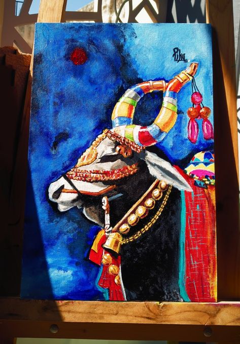 Nandi Painting Canvas, Nandi Painting, Bholenath Drawing, Creative Composition, Temple Drawing, Mythology Paintings, Ganesh Art Paintings, Modern Art Canvas Painting, Pencil Drawings Of Animals