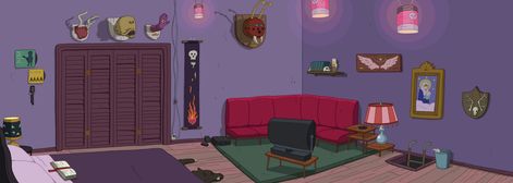 I love Adventure Time, and the show has a great art blog. They post lots of episode backgrounds -- this is the interior of a vampire's house. Adventure Time Header, Adventure Time Room, Adventure Time Gif, Adventure Time Background, Classroom Interior, Episode Backgrounds, City Cartoon, Living Room Background, City Background