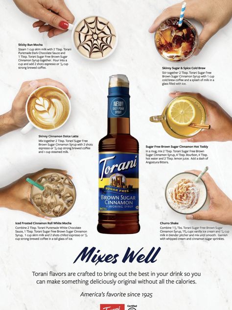 Torani Galaxy Syrup Recipes, Torani Brown Sugar Cinnamon Recipes, Coffee Syrup Flavor Combinations, Monin Syrup Recipes, Barista Recipes, Torani Syrup Recipes, Barista School, Crazy Coffee Lady, Torani Recipes