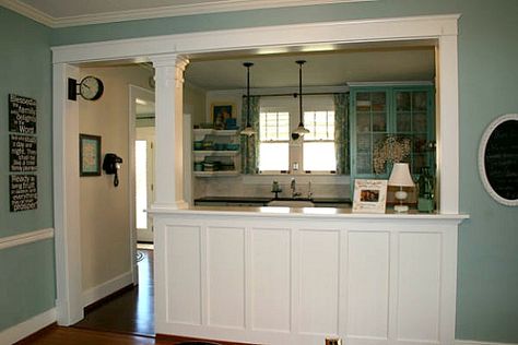 cute pass-through style with board + batten Kitchen Pass Through, Kitchen Pass, Open Kitchen And Living Room, Half Walls, Kitchen Open, Living Room Remodel, Cabinets Kitchen, Trendy Kitchen, Room Remodeling