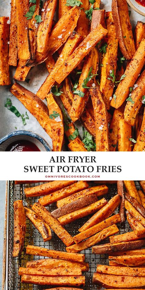 A super easy air fryer sweet potato fries recipe featuring perfectly cooked fries that are crispy on the outside, tender inside, and enhanced with a savory spice mix. It requires less oil than deep frying and tastes so good! {Vegan, Gluten-Free} Sweet Potato Fries Air Fryer, Sweet Potato Fry, Homemade Sweet Potato Fries, Air Fryer Sweet Potato Fries, Potato Fry, Sweet Fries, Sweet Potato Recipes Fries, The Best Air Fryer, Sweet Potato Fries Baked