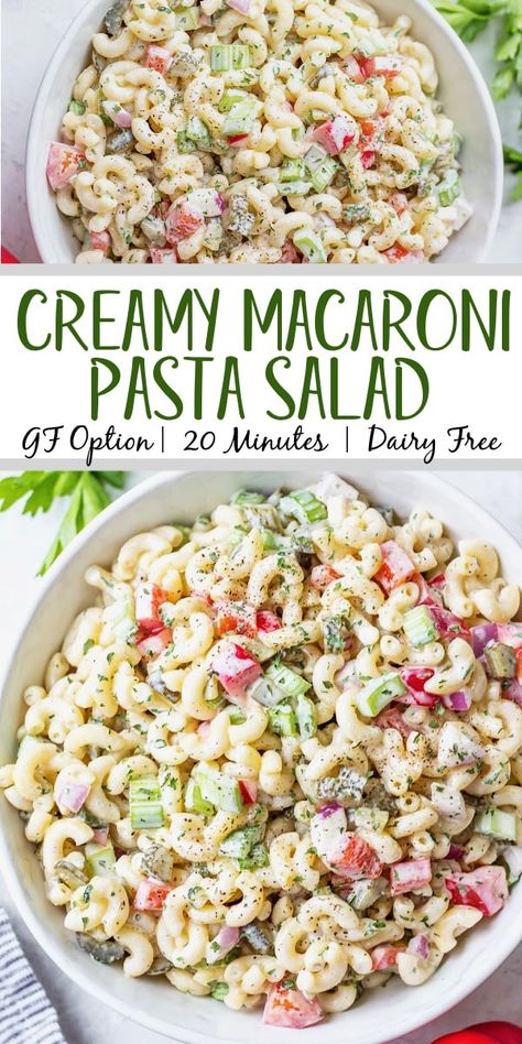 This easy, creamy macaroni salad is a flavorful pasta salad side dish that is the perfect combination of sweet and tart. The mayo based dressing is simple and not too overpowering, and it's sure to be a hit at every potluck or BBQ this summer! Made with sweet pickles, red onion, celery and red pepper, it can be made gluten free, dairy free, vegan and in under 30 minutes! #creamypastasalad #veganmacaronisalad #macaronisalad #sidedish Different Types Of Pasta Salads, Winter Pasta Salad Recipes, Dairy Free Pasta Salad, Traditional Pasta Salad, Mayo Pasta Salad Recipes, Bbq Pasta, Macaroni Pasta Salad, Creamy Macaroni Salad, Gluten Free Pasta Salad