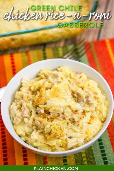 Green Chile Chicken Rice-A-Roni Casserole - Plain Chicken Rice A Roni, Mexican Chicken Casserole, Green Chili Chicken, Green Chile Chicken, Green Chiles, Plain Chicken, Pepper Jack Cheese, Easy Casserole Recipes, Pepper Jack