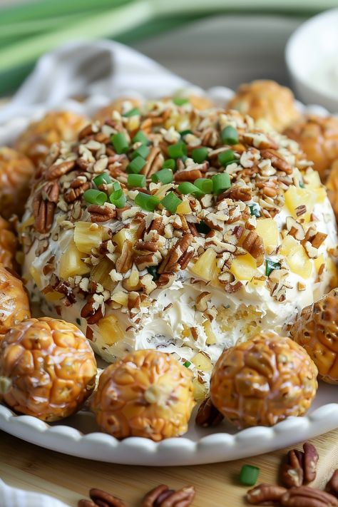 This delightful Pineapple Cheese Ball, made with green bell pepper, crushed pineapple, cream cheese, and pecans, is a sweet and salty treat that's always a welcomed appetizer. Also known as a Hawaiian Cheese Ball, it's incredibly easy to prepare. This has been one of my most requested appetizers over the years and takes just 15 Hawaiian Cheese Ball, Hawaiian Cheese Ball Recipe, Pineapple Cheeseball, Pineapple Cheese Ball, Pineapple Cream Cheese, Pineapple Cheese, Cheese Ball Recipes Easy, Dollar Dress, 12 Tomatoes Recipes