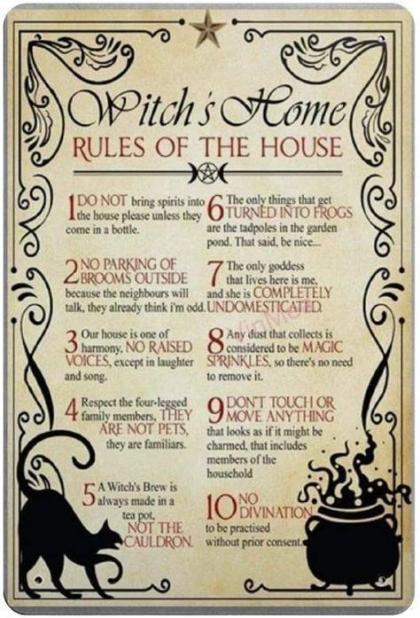 Cute sign for your witchy home around Halloween time Witch Rules, Rules Of The House, Home Rules, Witch Spirituality, Wiccan Spell Book, Halloween Wall Decor, Witchcraft Spell Books, Witchy Decor, Vintage Tin Signs