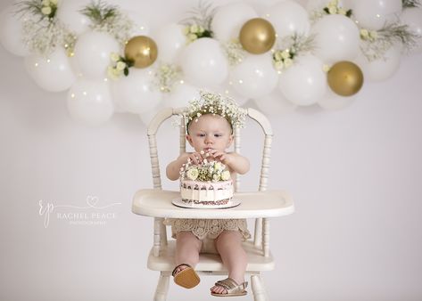 High Chair Photoshoot, High Chair Smash Cake Photos, Wooden High Chair Cake Smash, Cake Smash High Chair, Antique High Chair Cake Smash, Vintage Floral Cake, Lifestyle Cake Smash Session, Floral Cake Smash, Peace Photography