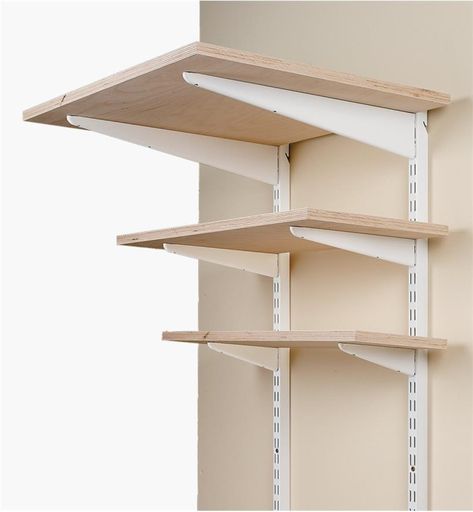 Heavy-Duty Powder-Coat Steel Shelving System - Lee Valley Tools Adjustable Shelving Ideas, Garage Shelving Wall Mounted, Track Shelving Ideas, Adjustable Wall Shelves, Adjustable Closet Shelving, Hallway Shelving, Track Shelving, Shelves Closet, Wall Mounted Shelving