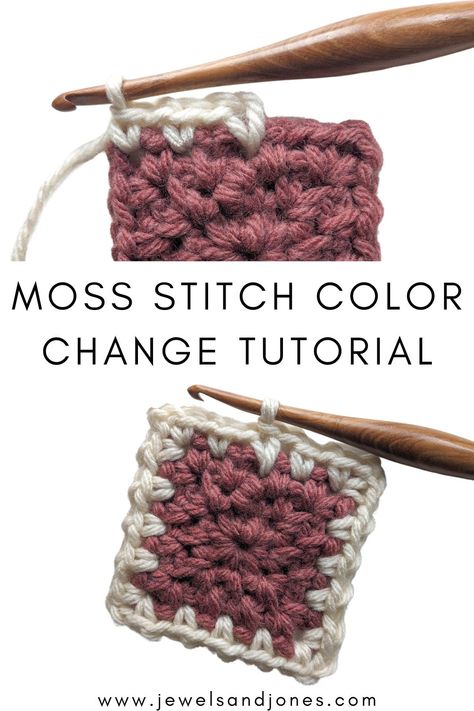 A tutorial on how to change colors when making the moss stitch square. Crochet Color Change Granny Square, Moss Stitch Granny Square Blanket, Moss Granny Square, Moss Stitch Granny Square, Moss Stitch Square, Crochet Baby Blanket Ideas, Moss Stitch Crochet, Crochet Moss Stitch, Crochet Moss