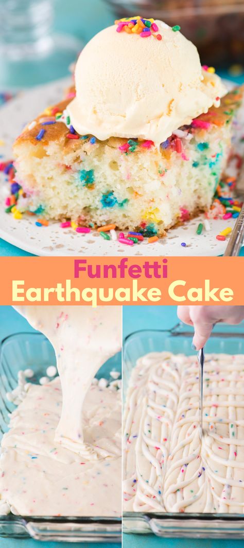 This funfetti earthquake cake is a white cake mix loaded with sprinkles and funfetti chocolate chips. Swirl in the cream cheese frosting layer and it bakes into the cake creating crevices and cracks on top of the cake. #earthquakecake #funfetticake #cake Funfetti Cake Mix Recipes, Funfetti Recipes, Earthquake Cake Recipes, Sprinkle Recipes, Earthquake Cake, Sprinkles Recipe, Funfetti Cake, Sugar Jar, Dairy Queen