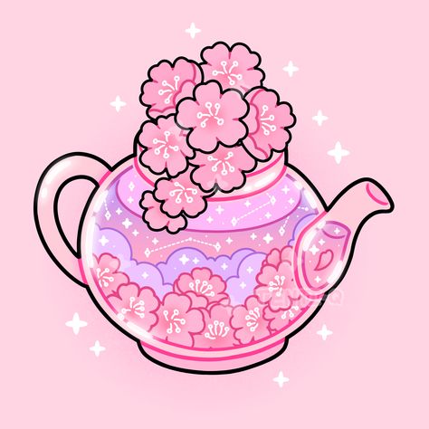 #cherry #blossom #sakura #tea #pot #drink #cute #kawaii #pink #purple #flowers #soft #glass #aesthetic #sparkles #stars #digitalart #digitalartist #art #drawing #illustration #sticker Tea Pot Art Drawing, Cherry Blossom Aesthetic Drawing, Kawaii Flowers Drawing, Tea Stickers Aesthetic, Sakura Blossoms Aesthetic, Pink Drawing Aesthetic, Sakura Flower Icon, Drawing Pink Aesthetic, Pink Illustration Aesthetic