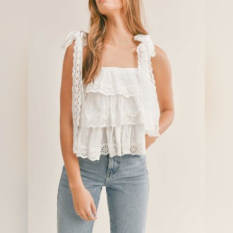 Off White Beautiful Laces Self Ties Top Cute Summer Tops Modest, Pretty Swimsuits, Cute White Tops, Denim Embroidery, Summer Shopping, Tiered Tops, Cottagecore Outfits, Senior Picture Outfits, Senior Photoshoot