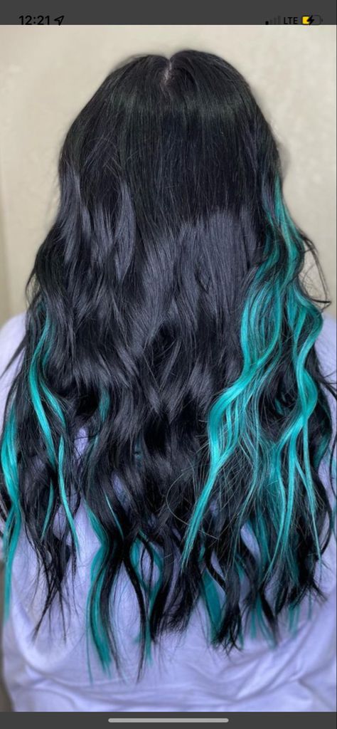 Black Hair With Teal Peekaboos, Black Hair With Turquoise Underneath, Black Hair With Teal Underneath, Black And Aqua Hair, Black Hair With Teal Highlights, Orange And Teal Hair, Turquoise And Black Hair, Black And Turquoise Hair, Teal And Black Hair