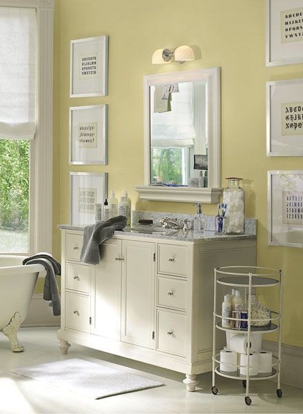 Yellow bathroom color scheme from Benjamin Moore. Hawthorne Yellow, Yellow Paint Colors, Bathroom Color Schemes, Paint Color Schemes, Yellow Paint, Bathroom Paint Colors, Yellow Bathrooms, Yellow Bedroom, Bathroom Color