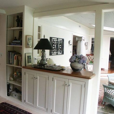 Half Wall Seperation Ideas, Pony Wall Storage Ideas, Entrance Half Walls, Half Walls Kitchen, Pony Wall Bookshelf, Half Wall Cabinet Built Ins, Entryway Half Wall Ideas, Pony Wall Built In Shelves, Pony Wall Ideas Entryway