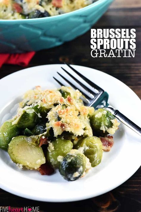 Brussels Sprouts Gratin ~ a cheesy, decadent, delicious recipe loaded with bacon, Gruyere, and crunchy breadcrumbs...the perfect side dish for dinner parties or holiday menus! | FiveHeartHome.com White Bean Ham Soup, Brussel Sprouts Au Gratin, Brussel Sprouts Recipes Easy, Brussels Sprouts Gratin, Green Bean Casserole Easy, Au Gratin Recipes, Greenbean Casserole Recipe, Ham And Bean Soup, Sprouts With Bacon