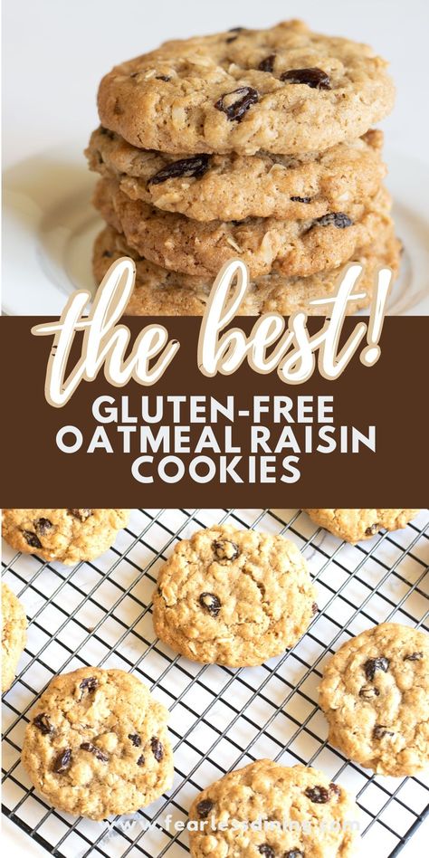 Two photos of the gluten free oatmeal raisin cookies. One of the cookies in a stack and the other of the cookies on a cooling rack. Gluten Free Oatmeal Raisin Cookies, Gluten Free Oatmeal Cookies, Cookie Recipes Oatmeal Raisin, Cookies Oatmeal, Gluten Free Cookie, Gf Cookies, Easy Gluten Free Desserts, Gluten Free Cookie Recipes, Gluten Free Oatmeal