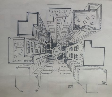 Cityscape Birds Eye View, Birds Eye View City Drawing, Birds Eye View Drawing Perspective Anime, City Birds Eye View Drawing, Bird View Perspective Drawing, Bird Perspective Drawing, Birds Eye View Building, Bird Eye View Drawing, Birds Eye View Drawing Perspective