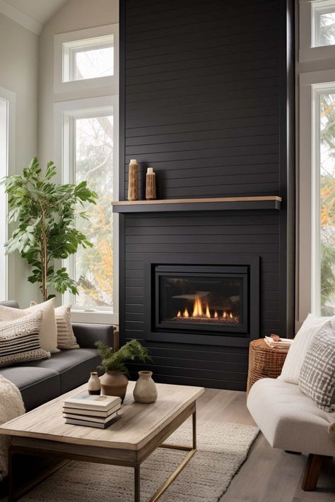 Floor To Ceiling Black Fireplace, Urban Bronze Fireplace Wall, Urbane Bronze Fireplace, Black Modern Fireplace, Black Fireplaces, Black Fireplace Wall, Black Fireplace Surround, Two Story Fireplace, Black Fireplace