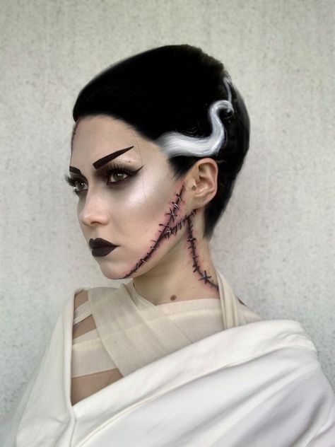 Monster Bride Makeup, Frankensteins Monster Costume, Modern Bride Of Frankenstein, Bride Of Frankenstein Make Up, Bride Of Frankenstein Makeup Tutorial, Frankenstein Photoshoot, Frankenstein Bride Makeup, Monster Costume Woman, Frankenstein Costume Men