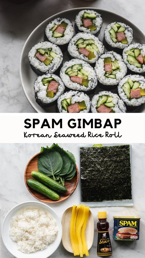 Spam Gimbap on plate Seaweed Snacks Recipes, Gimbap Recipe, Simple Clean Meals, Korean Soups, Korean Food Side Dishes, Seaweed Rice, Cold Lunch Ideas, Easy Korean Recipes, Spam Recipes