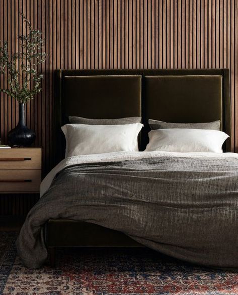 Four Hands on Instagram: "Soft launch. Upholstered in a velvety olive fabric, our new Potter Bed brings both warmth and texture to the bedroom." Nest Bedroom, Champs Élysées, Velvet Upholstered Bed, Cushion Headboard, Queen Platform Bed, Adjustable Mattress, Bedroom Remodel, Four Hands, Green Wood