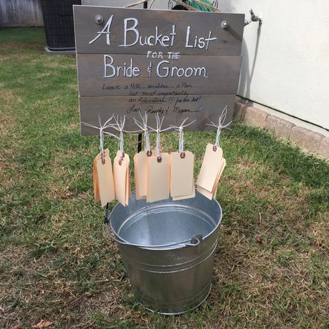 A Bucket List for a Bridal Shower or Wedding Reception from a deconstructed shipping pallet. Take a tag and give the new husband and wife some suggestions for their own"Bucket List"! Shipping Pallet, Country Wedding Inspiration, Country Wedding Decorations, Cute Wedding Ideas, Couple Shower, Rustic Country Wedding, Wedding Games, Marriage Ceremony, Wedding Themes