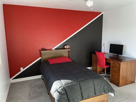 Treat your kids to a room makeover too. Cool Wall Designs Paint Bedrooms, Black And Red Accent Wall, Red And Black Wall Paint Ideas, Boys Red Bedroom Ideas, Black And Red Boys Bedroom, Kids Red Bedroom, Paint Ideas For Boys Bedroom, Red Accent Wall Bedroom Boys, Red Wall Painting Ideas