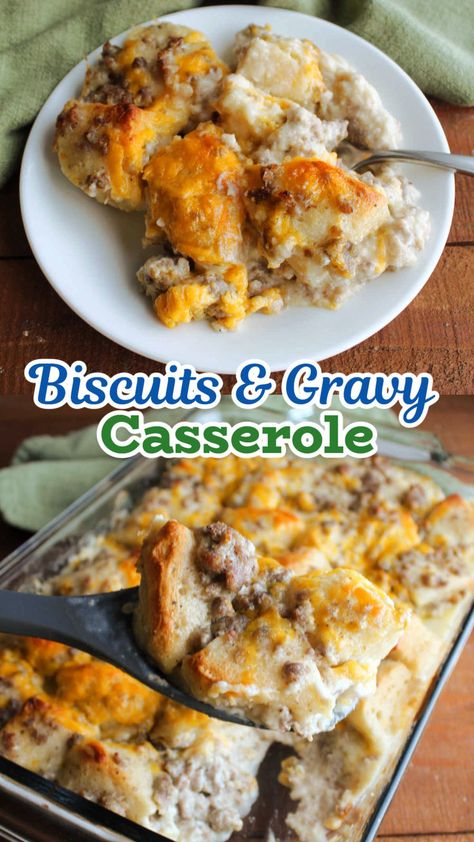 This simple biscuits and gravy casserole gives you all of the goodness of the breakfast staple in casserole form. It is hearty, delicious, and pretty easy to make. The mix of biscuits, creamy sausage gravy, and cheese is hard to beat! Biscuit Gravy Casserole Sausage, Country Gravy Casserole, Biscuits And Gravy Egg Bake, Breakfast Casserole Easy Simple, Biscuits And Gravy Bake, Recipes With Frozen Biscuits, Crock Pot Biscuits And Gravy, Dinner With Biscuits, Sausage And Biscuit Casserole