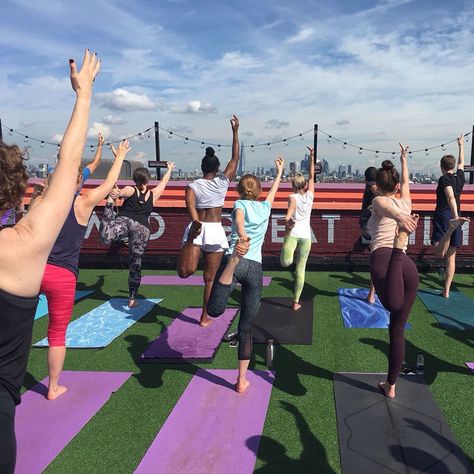 Outdoor Yoga | Yogarise Rooftop Activities, Amenity Space Design, Rooftop Patio Ideas, Roof Deck Design, Rooftop Gym, Birthday Workout, Rooftop Yoga, Gym Interiors, Amenity Space