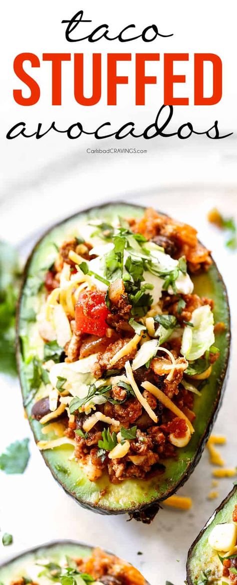 TURKEY (or beef) TACO STUFFED AVOCADOS on your table in 20 minutes!  They are the perfect easy lunch or quick dinner for a busy weeknight meal or simply when you crave juicy, fiesta filling and creamy avocados!  #avocado #avocadorecipes #stuffedavocados #turkey #turkeyrecipes #healthyrecipes #healthtips #healthyeating #healthysnacks #recipes #recipeoftheday #recipesfordinner #recipeseasy #recipeshealthy #30minutemeal #easyrecipe  via @carlsbadcraving Stuffed Tacos, Avocado Stuffed, Stuffed Avocados, Stuffed Avocado, Avocado Recipe, Walking Tacos, Spicy Tacos, Beef Taco, Carlsbad Cravings