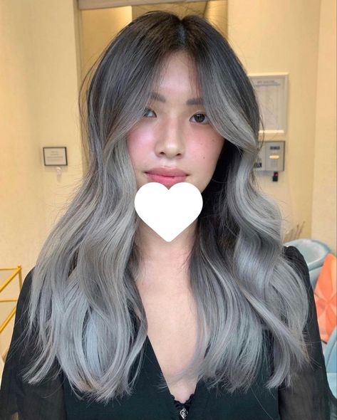 Ash Gray Asian Hair, Black And Silver Ombré Hair, Asian Gray Hair Balayage, Dark Roots Gray Hair Silver Ombre, Popular Hair Colors 2020, Ash Grey Asian Hair, Milktea Ash Gray Balayage, Balayage Hair Grey Silver Dark Roots, Grey Hair Balayage Dark Roots