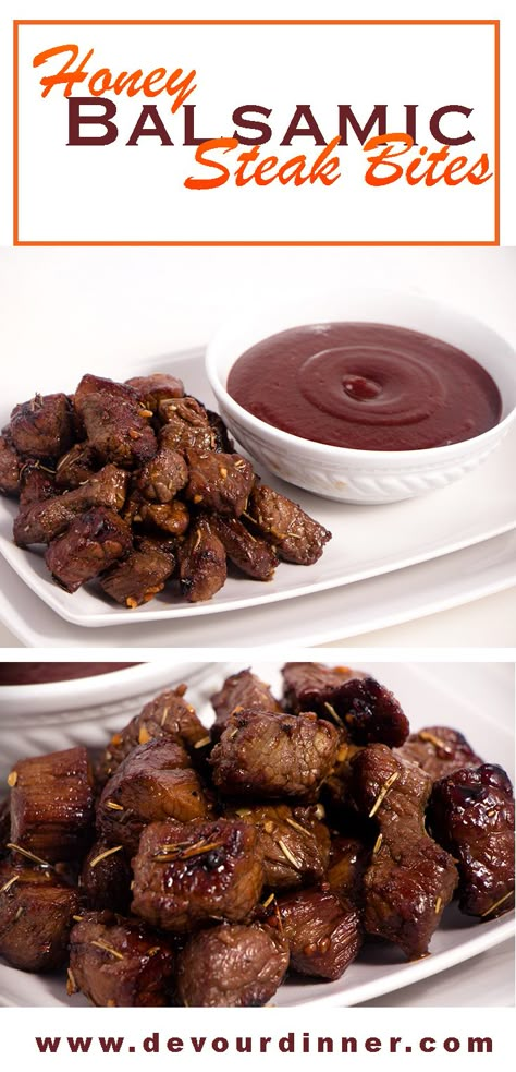 Honey Balsamic Steak Bites | Devour Dinner. A Fun twist on a steak, steak bites are rich full of flavor you will come to love.  Full Recipe.  #devourdinner #recipes #recipe #food #Foodie #Foodblogger #easyrecipes #dinner #appetizer #Sidedish dessert #yummy #Easyrecipe #buzzfeast #steak #steakbite #honey #Balsamic Honey Balsamic Steak Bites, Fajitas Beef, Marinade Steak, Balsamic Steak, Balsamic Sauce, Seared Salmon Recipes, Recipes Steak, Steak Marinade Recipes, Chimichurri Recipe