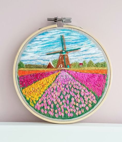 Dutch Landscape Tulip Fields & Windmill Home Decor Travel Lover Dutch Gift Hand Embroidery Art Spring Netherlands Floral Wall Art - Etsy Windmill Embroidery, Embroidery Flower Field, Spring Netherlands, Windmill Cross Stitch, Tulip Field Embroidery, Windmill Tattoo Dutch, Windmill And Tulips, Tulip Fields Netherlands, Nova Art