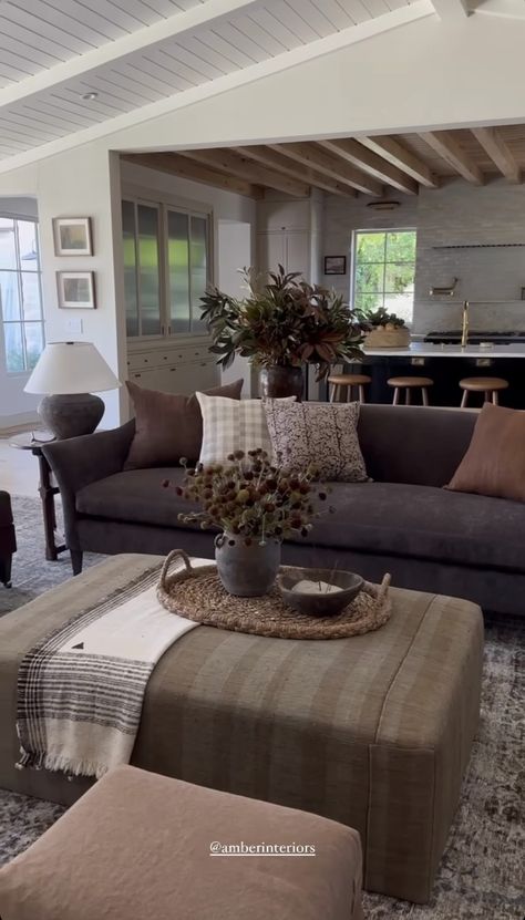 Mixed Match Couches Living Room, Organic Modern Living Room Gray Couch, Small Dark Living Room, Charcoal Couch Styling, Organic Modern Farmhouse, Coffee Table Modern Farmhouse, Gray Couch Living Room Ideas, Brown Couch Living Room Ideas, Wallpaper Dining Room