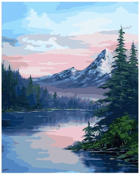 Forest And Lake, Sunset Painting Acrylic, Mountain Sunset, Mountain Paintings, Pine Forest, Paint By Numbers, Painting Gift, Landscape Walls, Landscape Wall Art