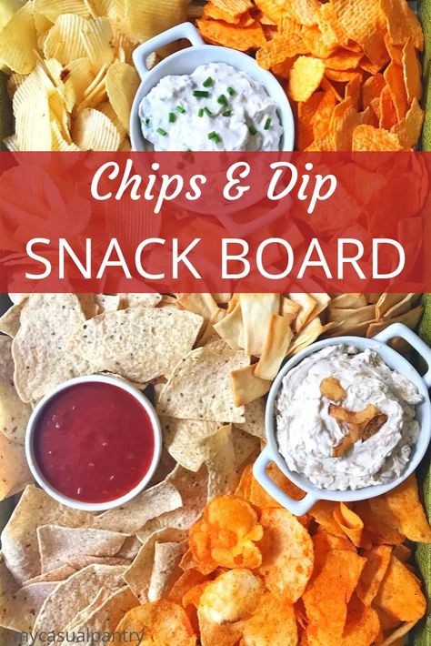 Chips and Dip Snack Board - an assortment of chips and dips is the perfect snack for game day or a great addition to any party food line-up. | mycasualpantry.com #snacks #chipsanddip #appetizers #gameday #potatochips Chip And Dip Tray Ideas, Chip Tray Ideas, Chip And Dip Charcuterie Boards, Chip And Dip Party Tray Ideas, Ways To Serve Chips At A Party, Potato Chip Charcuterie Board, How To Serve Chips And Dip At A Party, How To Serve Chips And Salsa At A Party, Chip And Dip Charcuterie Board Ideas