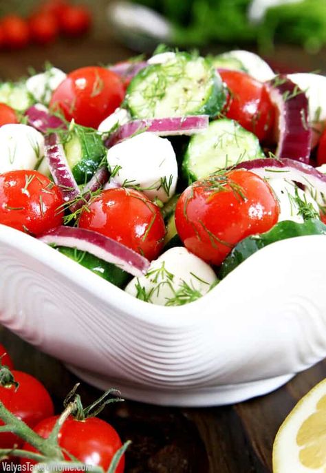 Tomato Cucumber and Mozzarella Salad « Valya's Taste of Home Tomato And Mozzarella Salad, Kid Friendly Salad, Tomato Mozzarella Salad, Tomato And Mozzarella, Satisfying Salads, Mozzarella Salad, Creamy Cucumbers, Russian Food, Tomato Cucumber