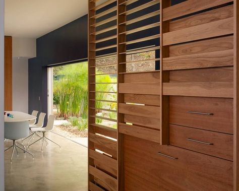 Mid Century Modern Landscaping Design, Pictures, Remodel, Decor and Ideas - page 15 Studio Apartment Room Divider, Movable Walls, Wrought Iron Stairs, Modern Sliding Doors, Wood Railing, Wood Slat Wall, Wood Staircase, Wood Screens, Understairs Storage