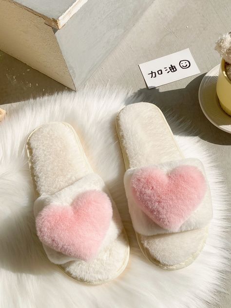 Beige Preppy    Heart Bedroom Slippers    Women Shoes Cute Fuzzy Slippers, Pink Slippers Aesthetic, Dr Pajamas, Preppy Slippers, Fluffy Clothing, Nba Wife, Preppy Heart, Heart Bedroom, Valentines Board