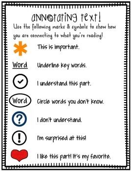 FOR KINDERGARTEN THROUGH SECOND GRADE  FOR GRADES 3-5 PLEASE SEE MY OTHER ANNOTATING HANDOUT LISTING.  This is a handout of an anchor chart that I use with my students to annotate their text during close reading with complex text. This should be taught first in a whole-group setting in order to thoroughly teach the symbols. Once students feel comfortable and understand the purpose and way to annotate, they can use this handout to help them annotate text independently, with partners, or in small Annotating Text Anchor Chart, Annotation Anchor Chart, Reading Annotation Key, Reading Annotations, Reading Anchor Chart, Annotating Text, Reading Kindergarten, Close Reading Strategies, Kindergarten Anchor Charts