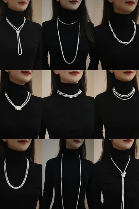 Did you know that a long pearl necklace can be styled in numerous creative ways? Its versatility allows you to transform your look and express your personal style in various ways. #pearls #LongNecklaceStyles #VersatileAccessories #JewelryInspiration #pearlguide #jewelrytips #pearlshopping Pearls Style Outfit, Pearl Style Fashion, Pearl Necklace Turtleneck, Styling Necklaces Outfit, Long Necklace Styling, Styling Pearls Outfit, Outfits With Pearls Necklace, Black Outfit With Pearls, Necklaces For Turtlenecks