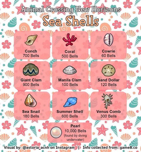 Hi✨ on Instagram: “🐚Sea Shells🐚 This list includes the shells that can be found on the beach (not including the pearl) and their sell price✨ I wanted to…” Shell Animals, Animal Crossing New Horizon, Animal Crossing 3ds, Animal Crossing Funny, Animal Crossing Memes, Animal Crossing Guide, Animal Crossing Wild World, Animal Crossing Characters, Sea Snail