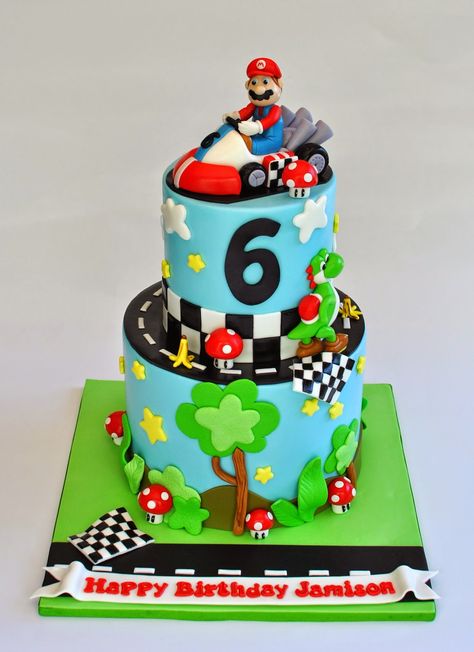 Mario Cart Cakes, Mario Kart Cake, Luau Cake, Mario Birthday Cake, Mario Bros Cake, Disney Themed Cakes, Super Mario Bros Birthday Party, Super Mario Cake, Mario Cake