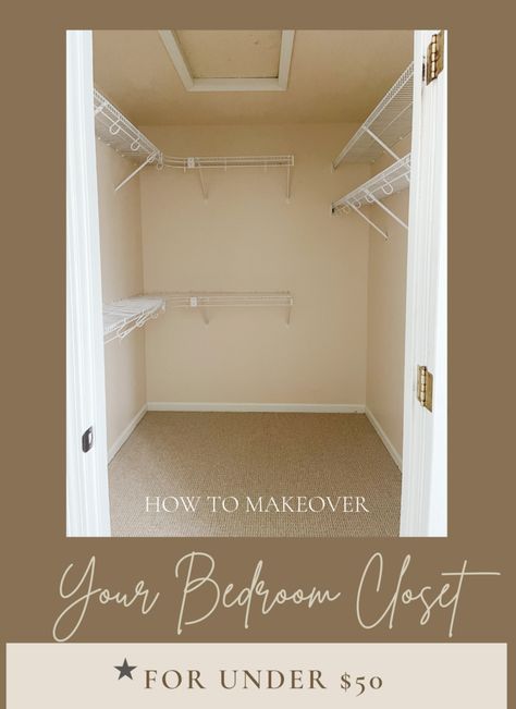 Simple Walk In Closet Ideas Diy, Angled Walk In Closet, Update Walk In Closet, Basic Walk In Closet, Closet Remodel Ideas Small Walk In, Wire Walk In Closet, Affordable Walk In Closet Ideas, Modular Closet System Diy, Builder Grade Closet Organization