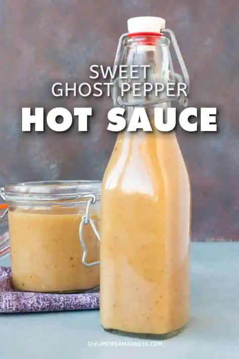 Sweet Ghost Pepper-Pineapple-Pear Hot Sauce - Make your own sweet and VERY spicy hot sauce at home with this recipe, which includes flaming ghost pepper chiles, sweet pineapple, pear, honey and seasonings. Ideal for pork, duck, or chicken. | ChiliPepperMadness.com #HotSauce #Pineapple #Pear #GhostPepper #SpicyFood Ghost Pepper Pickles, Ghost Pepper Sauce, Ghost Pepper Hot Sauce, Pear Honey, Pear Sauce, Diatomaceous Earth Food Grade, Ghost Pepper, Hot Sauce Recipes, Ghost Peppers