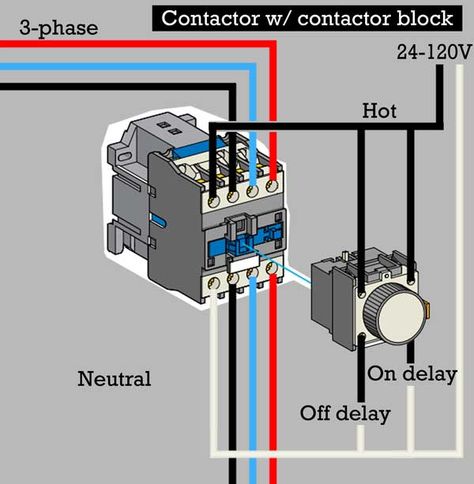 How to wire contactor block delay timer/ http://waterheatertimer.org/How-to-wire-contactor-block.html Electrical Engineering Projects, Basic Electrical Wiring, Home Electrical Wiring, Electrical Diagram, Electrical Circuit Diagram, Electrical Wiring Diagram, House Wiring, Electrical Panel, Diagram Design