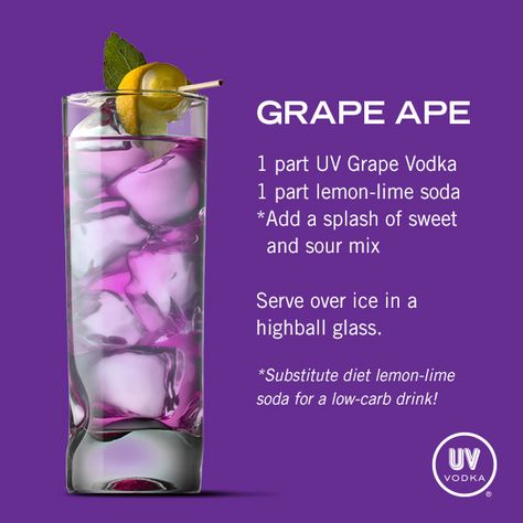 UV+Vodka+Recipe:+Grape+Ape Uv Vodka Recipes, Grape Vodka, Glace Fruit, Grape Ape, Low Carb Drinks, Vodka Recipes, Liquor Drinks, Boozy Drinks, Vodka Drinks