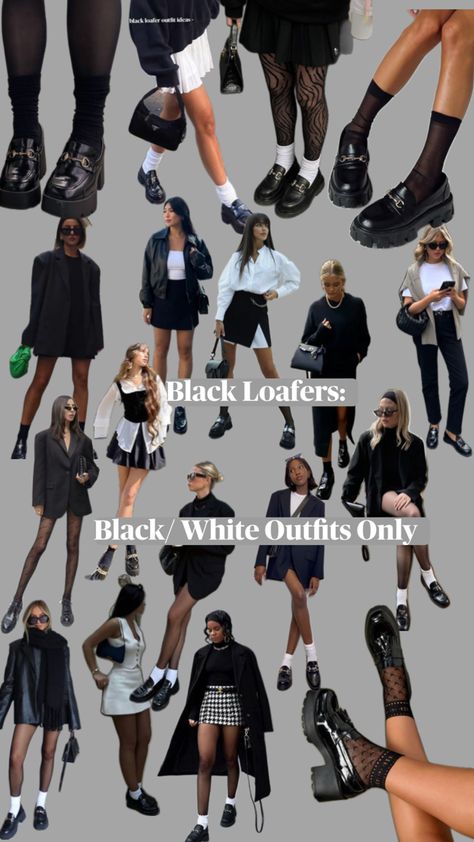 Black Loafers : Black/ White outfits only White Loafers Outfit, White Loafers, Loafers Outfit, Black White Outfit, Black Loafers, White Outfits, Loafers, Black White, Black And White