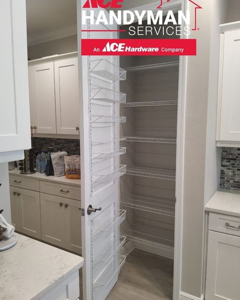 This pantry door used to be a bifold door that took up so much room when opened. We removed the bifold door, and put in a solid door and added shelving to the back of the door. Look at how much more storage this customer gained! Ready to add more storage to your pantry? Give us a call 📱 #pantrydoors #acehandyman #sarasota #venice #homeimprovement Ventilated Pantry Door, Pantry Doors With Ventilation, Door Mounted Pantry Storage, Single Swinging Pantry Door, Pnatry Door Cleaning Storage, Pantry Door Storage, Solid Door, Bifold Door, Handyman Services